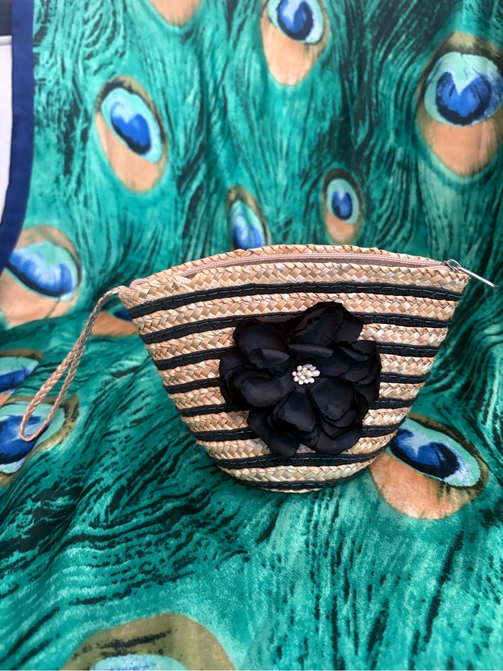 Straw Woven wristlet purse with Black Flower Accent